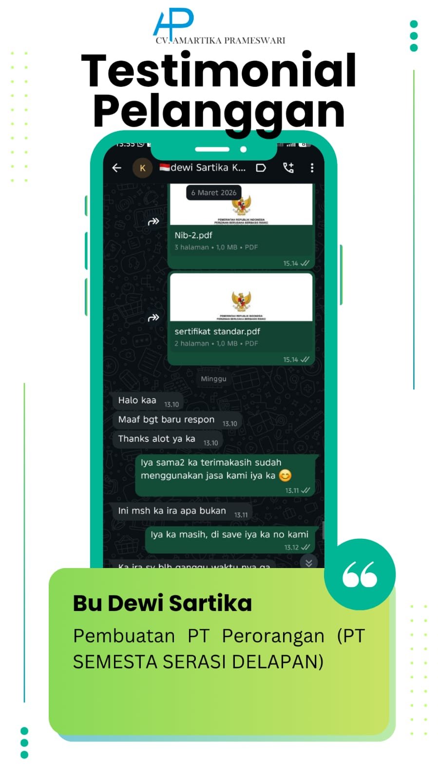 Bukti testimoni Bu Dewi Sartika